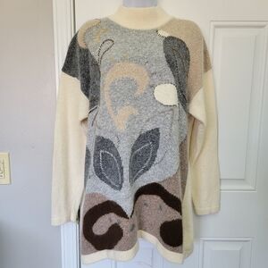 Vintage Women's Sweater Summit Hill Silk Angora Lambswool Cream Grey Beaded L